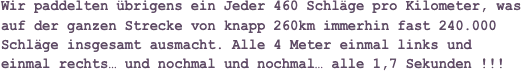 Wir paddelten übrigens ein Jeder 460 Schläge pro Kilometer, was auf der ganzen Strecke von knapp 260km immerhin fast 240.000 Schläge insgesamt ausmacht. Alle 4 Meter einmal links und einmal rechts… und nochmal und nochmal… alle 1,7 Sekunden !!!