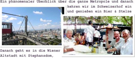 Ein phänomenaler Überblick über die ganze Metropole￼ und danach kehren wir im Schweizerhof ein und genießen ein Bier & Stelze￼
Danach geht es in die Wiener Altstadt mit Stephansdom, 